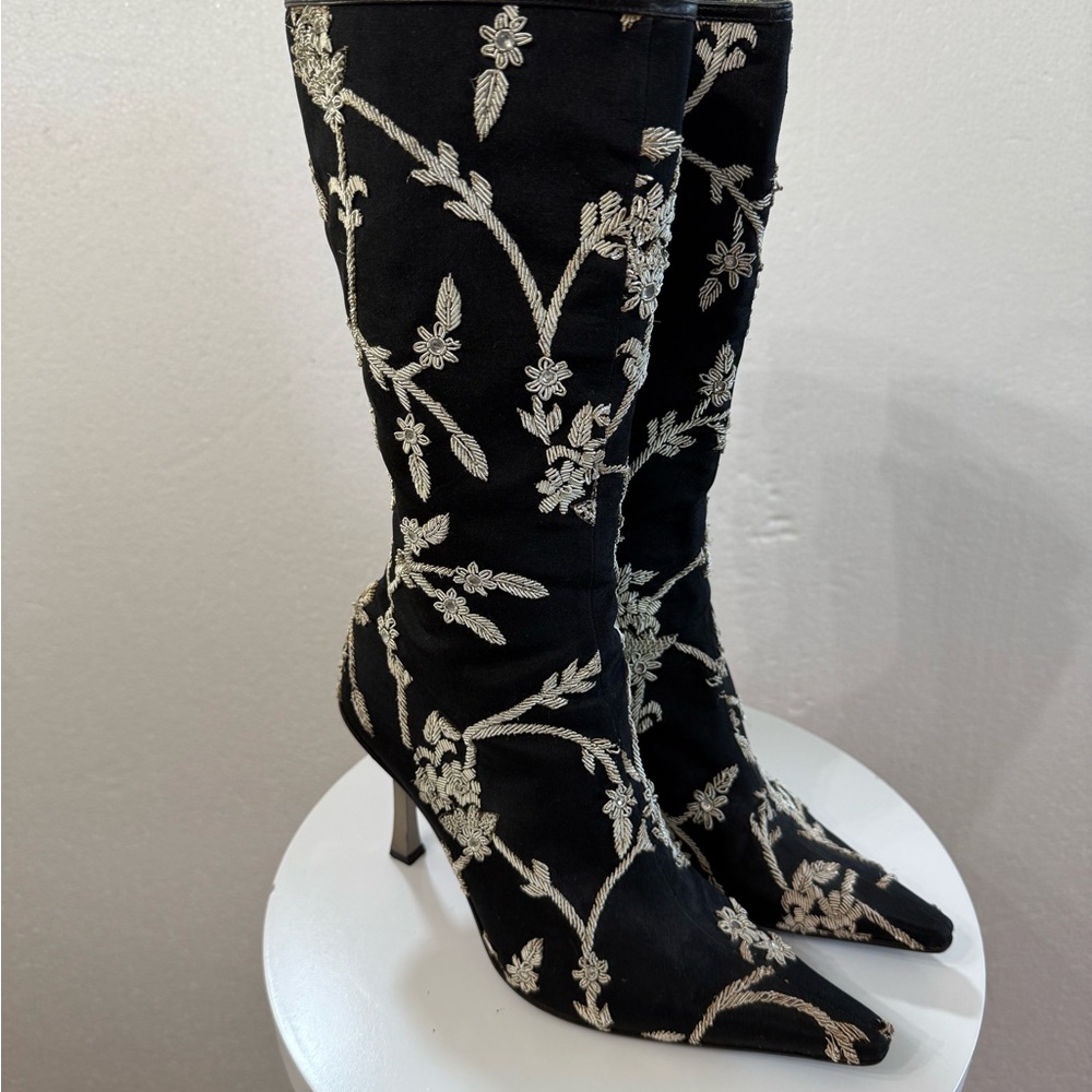 Elegant Black and Silver Embroidered Heeled Boots